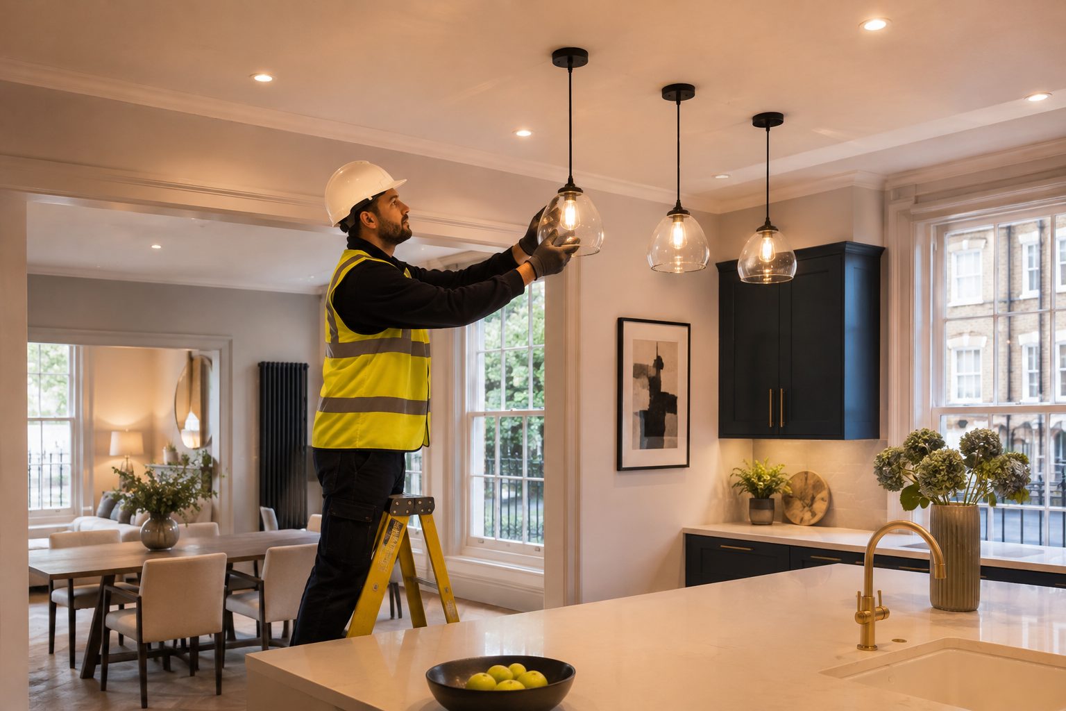 Pendant lighting installation in a London kitchen
