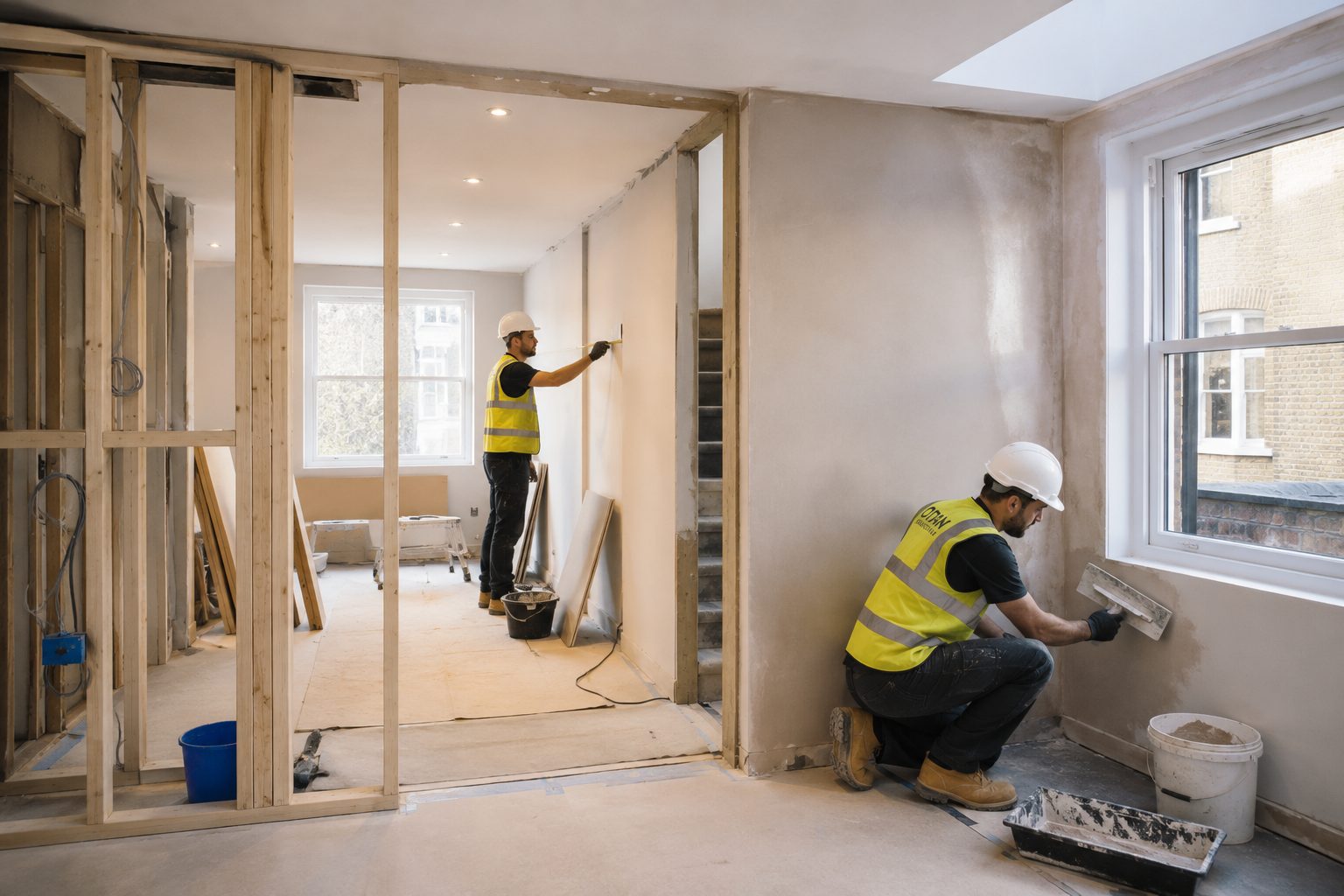 Partitioning and plastering during a London building project